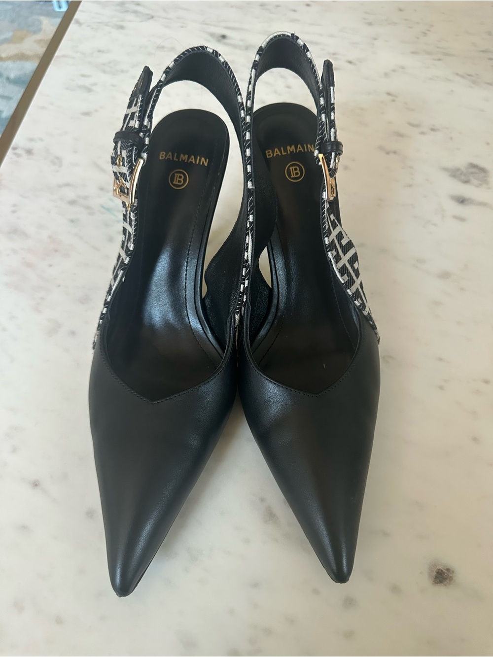 Designer inspired  Black Leather Pointed Slingback Heels with Logo Strap